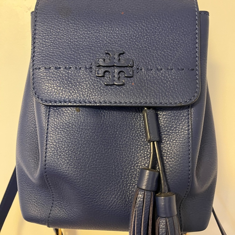 Tory Burch Blue Structured Backpack with Tassels